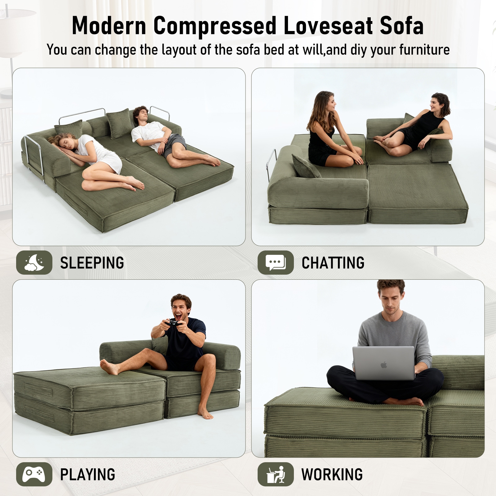 Convertible Sleeper Sofa Bed Modular Corduroy Couch With Pillows_voghion.com